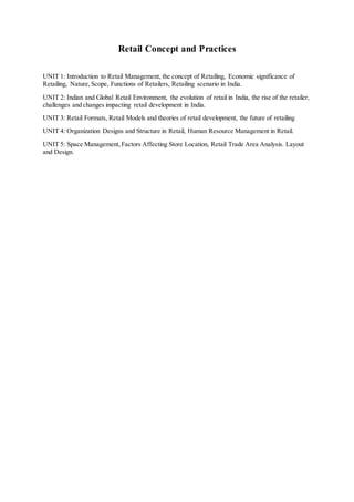 Retail Practical Topic Study material retail concept and practices | DOCX