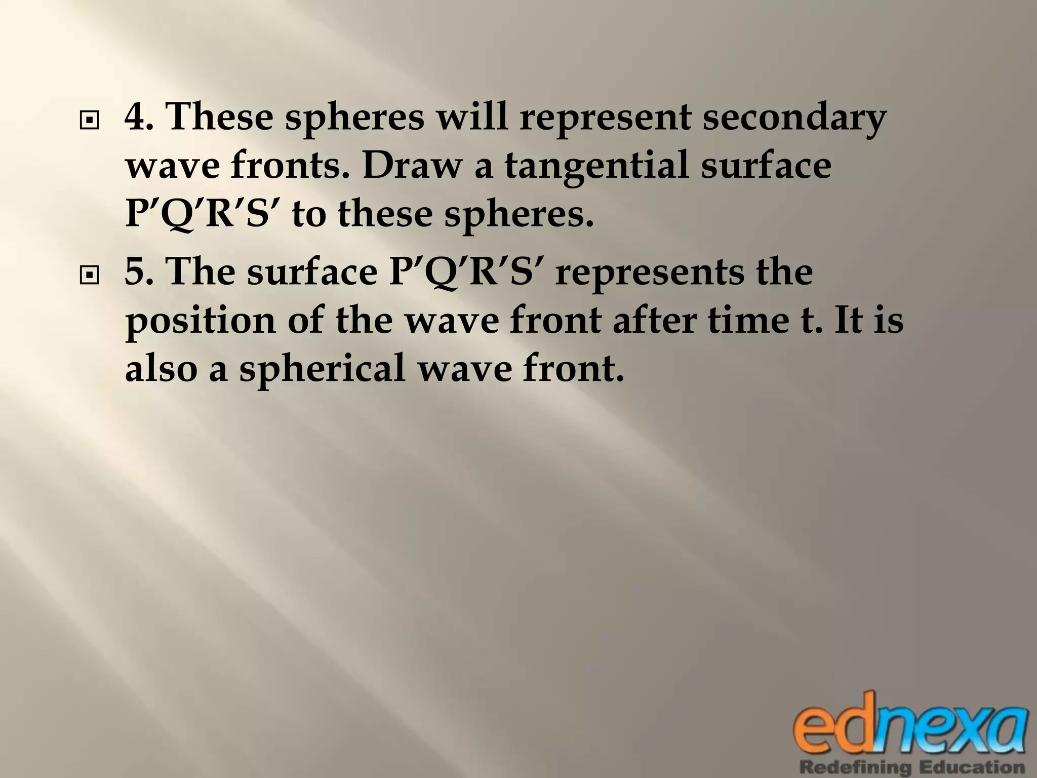  4. These spheres will represent secondary
wave fronts. Draw a tangential surface
P’Q’R’S’ to these spheres.
 5. The surface P’Q’R’S’ represents the
position of the wave front after time t. It is
also a spherical wave front.
 