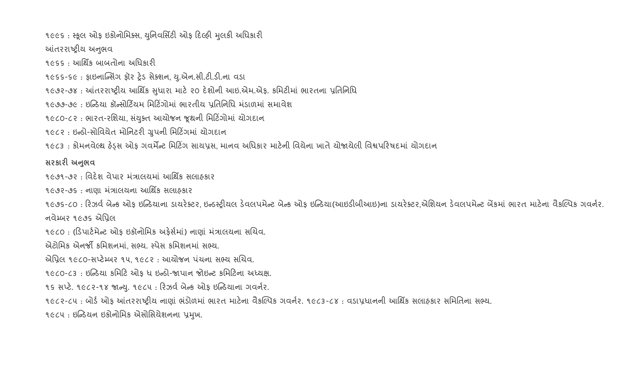 ૧૯૯૬ : 4‰ૂલ ઓફ ઇકોનોિમaસ, Dુિનવિસfટ" ઓફ દŽહ" hુલક" અિધકાર"
]તરરાAy"ય અ ુભવ
૧૯૬૬ : આિથfક બાબતોના અિધકાર"
૧૯૬૬-૬૯ : ફાઇનાC સüગ ફૉર y.ડ સેaશન, Dુ.એન.સી.ટ".ડ".ના વડા
૧૯૭૨-૭૪ : ]તરરાAy"ય આિથfક ુધારા માટ. ૨૦ દ.શોની આઇ.એમ.એફ. કિમટ"માં ભારતના 6િતિનિધ
૧૯૭૭-૭૯ : ઇ ડયા કૉ સો ટ®યમ િમ ટ‘ગોમાં ભારતીય 6િતિનિધ મંડાળમાં સમાવેશ
૧૯૮૦-૮૨ : ભારત-રિશયા, સંDુaત આયોજન ?ૂથની િમ ટ‘ગોમાં યોગદાન
૧૯૮૨ : ઇ ડો-સોિવયેત મોિનટર" ુપની િમ ટ‘ગમાં યોગદાન
૧૯૮૩ : કોમનવેŽથ હ.îસ ઓફ ગવમ ટ િમ ટ‘ગ સાય6સ, માનવ અિધકાર માટ.ની િવયેના ખાતે યોUયેલી િવSપ રષદમાં યોગદાન
к F A8/
૧૯૭૧-૭૨ : િવદ.શ વેપાર મં/ાલયમાં આિથfક સલાહકાર
૧૯૭૨-૭૬ : નાણા મં/ાલયના આિથfક સલાહકાર
૧૯૭૬-૮૦ : રઝવ+ બે ક ઓફ ઇ ડયાના ડાયર.aટર, ઇ ડ4y"યલ ડ.વલપમે ટ બે ક ઓફ ઇ ડયા(આઇડ"બીઆઇ)ના ડાયર.aટર,એિશયન ડ.વલપમે ટ બªકમાં ભારત માટ.ના વૈક“Žપક ગવન+ર.
નવે’બર ૧૯૭૬ એિ6લ
૧૯૮૦ : ( ડપાટ+મે ટ ઓફ ઇકૉનોિમક અફ.સ+માં) નાણાં મં/ાલયના સRચવ.
એટોિમક એનજº કિમશનમાં, સ¢ય. 4પેસ કિમશનમાં સ¢ય.
એિ6લ ૧૯૮૦-સEટ.’બર ૧૫, ૧૯૮૨ : આયોજન પંચના સ¢ય સRચવ.
૧૯૮૦-૮૩ : ઇ ડયા કિમ ટ ઓફ ધ ઇ ડો-Uપાન જોઇ ટ કિમ ટના અiયk.
૧૬ સEટ.. ૧૯૮૨-૧૪ U Dુ. ૧૯૮૫ : રઝવ+ બે ક ઓફ ઇ ડયાના ગવન+ર.
૧૯૮૨-૮૫ : બોડ+ ઓફ ]તરરાAy"ય નાણાં ભંડોળમાં ભારત માટ.ના વૈક“Žપક ગવન+ર. ૧૯૮૩-૮૪ : વડા6ધાનની આિથfક સલાહકાર સિમિતના સ¢ય.
૧૯૮૫ : ઇ ડયન ઇકોનોિમક એસોિસયેશનના 6hુખ.
 