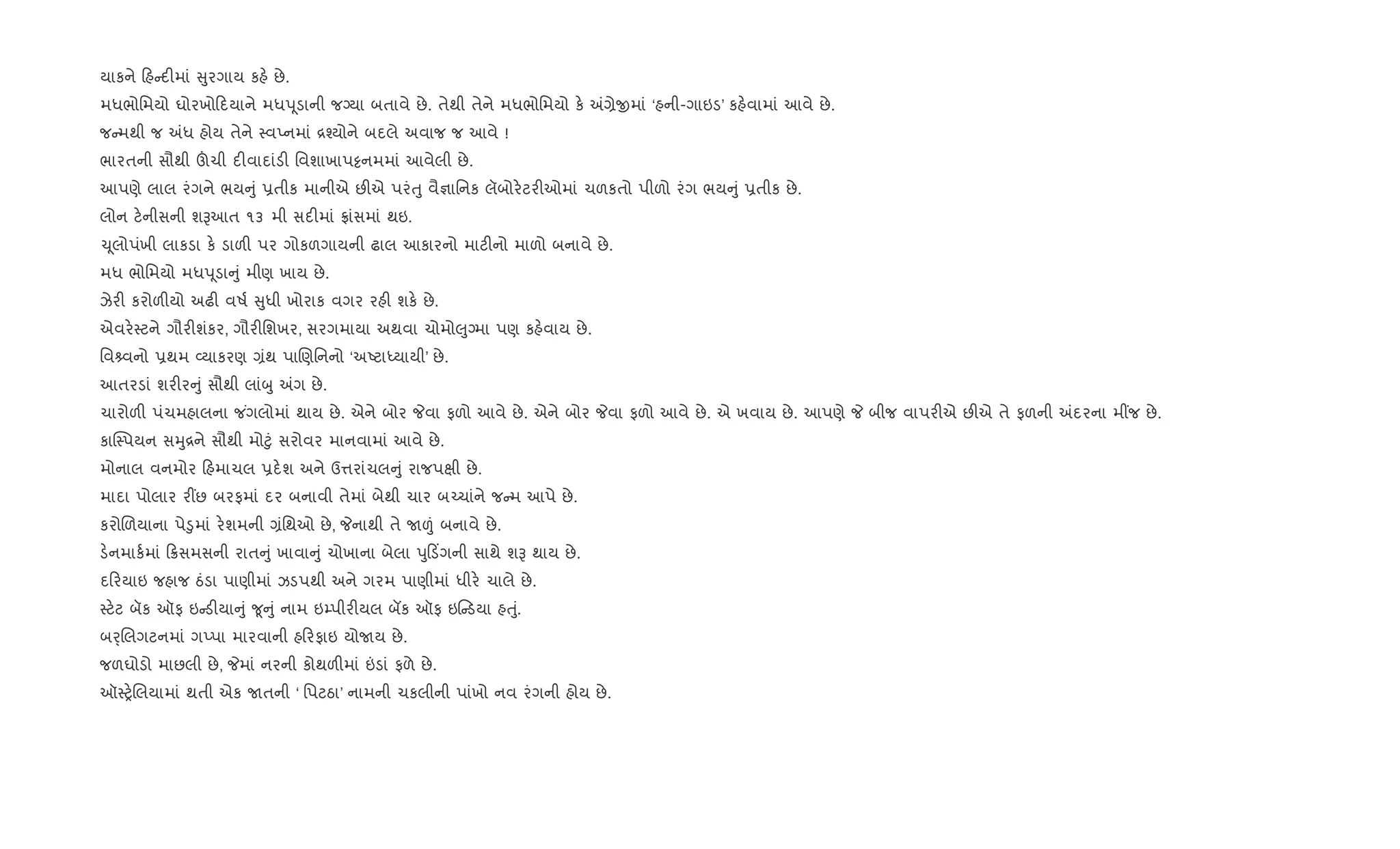 યાકને હ દ"માં ુરગાય કહ. છે.
મધભોિમયો ઘોરખો દયાને મધdૂડાની જŠયા બતાવે છે. તેથી તેને મધભોિમયો ક. =,ેxમાં ‘હની-ગાઇડ’ કહ.વામાં આવે છે.
જ મથી જ =ધ હોય તેને 4વEનમાં [¤યોને બદલે અવાજ જ આવે !
ભારતની સૌથી šચી દ"વાદાંડ" િવશાખાપ•નમમાં આવેલી છે.
આપણે લાલ રંગને ભય ું 6તીક માનીએ છ"એ પરંuુ વૈ¶ાિનક લૅબોર.ટર"ઓમાં ચળકતો પીળો રંગ ભય ું 6તીક છે.
લોન ટ.નીસની શBઆત ૧૩ મી સદ"માં °ાંસમાં થઇ.
‹ૂલોપંખી લાકડા ક. ડાળ" પર ગોકળગાયની ઢાલ આકારનો માટ"નો માળો બનાવે છે.
મધ ભોિમયો મધdૂડા ું મીણ ખાય છે.
ઝેર" કરોળ"યો અઢ" વષ+ ુધી ખોરાક વગર રહ" શક. છે.
એવર.4ટને ગૌર"શંકર, ગૌર"િશખર, સરગમાયા અથવા ચોમો}ુŠમા પણ કહ.વાય છે.
િવ વનો 6થમ 2યાકરણ ,ંથ પાRણિનનો ‘અAટાiયાયી’ છે.
આતરડાં શર"ર ું સૌથી લાંzુ =ગ છે.
ચારોળ" પંચમહાલના જ ંગલોમાં થાય છે. એને બોર Pવા ફળો આવે છે. એને બોર Pવા ફળો આવે છે. એ ખવાય છે. આપણે P બીજ વાપર"એ છ"એ તે ફળની =દરના મ€જ છે.
કાC4પયન સhુ[ને સૌથી મો§ું સરોવર માનવામાં આવે છે.
મોનાલ વનમોર હમાચલ 6દ.શ અને ઉ1રાંચલ ું રાજપkી છે.
માદા પોલાર ર€છ બરફમાં દર બનાવી તેમાં બેથી ચાર બ`ચાંને જ મ આપે છે.
કરોRળયાના પે•ુમાં ર.શમની ,ંિથઓ છે, Pનાથી તે U|ં બનાવે છે.
ડ.નમાક+માં 8સમસની રાત ું ખાવા ું ચોખાના બેલા dુ ડ‘ગની સાથે શB થાય છે.
દ રયાઇ જહાજ ઠંડા પાણીમાં ઝડપથી અને ગરમ પાણીમાં ધીર. ચાલે છે.
4ટ.ટ બૅક ઑફ ઇ ડ"યા ું ?ૂ ું નામ ઇ’પીર"યલ બક ઑફ ઇ ડયા હuું.
બo્Rલગટનમાં ગEપા મારવાની હ રફાઇ યોUય છે.
જળઘોડો માછલી છે, Pમાં નરની કોથળ"માં ”ડાં ફળે છે.
ઑ4y.Rલયામાં થતી એક Uતની ‘ િપટઠા’ નામની ચકલીની પાંખો નવ રંગની હોય છે.
 