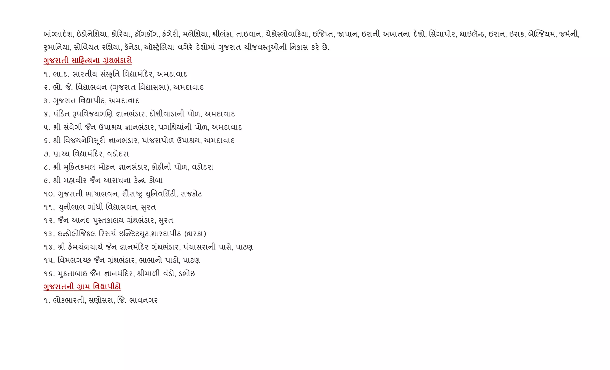 બાંŠલાદ.શ, ”ડોનેિશયા, કો રયા, હåગકåગ, હંગેર", મલેિશયા, lીલંકા, તાઇવાન, ચેકો4લોવા કયા, ઇ{જEત, Uપાન, ઇરાની અખાતના દ.શો, િસ‘ગાપોર, થાઇલૅ ડ, ઇરાન, ઇરાક, બેøŽજયમ, જમ+ની,
oુમાિનયા, સોિવયત રિશયા, કનેડા, ઑ4y.Rલયા વગેર. દ.શોમાં Yુજરાત ચીજવ4uુઓની િનકાસ કર. છે.
<8 $ 0 Q;/
૧. લા.દ. ભારતીય સં4‰ૃિત િવˆામં દર, અમદાવાદ
૨. ભો. P. િવˆાભવન (Yુજરાત િવˆાસભા), અમદાવાદ
૩. Yુજરાત િવˆાપીઠ, અમદાવાદ
૪. પં ડત BપિવજયગRણ ¶ાનભંડાર, દોશીવાડાની પોળ, અમદાવાદ
૫. lી સંવેગી ¦ન ઉપાlય ¶ાનભંડાર, પગિથયાંની પોળ, અમદાવાદ
૬. lી િવજયનેિમ ૂર" ¶ાનભંડાર, પાંજરાપોળ ઉપાlય, અમદાવાદ
૭. 6ા`ય િવˆામં દર, વડોદરા
૮. lી hુ કતકમલ મોહન ¶ાનભંડાર, કોઠ"ની પોળ, વડોદરા
૯. lી મહાવીર ¦ન આરાધના ક. [, કોબા
૧૦. Yુજરાતી ભાષાભવન, સૌરાAy Dુિનવિસfટ", રાજકોટ
૧૧. ‹ુનીલાલ ગાંધી િવˆાભવન, ુરત
૧૨. ¦ન આનંદ dુ4તકાલય ,ંથભંડાર, ુરત
૧૩. ઇ ડોલો{જકલ રસચ+ ઇ“ 4ટટDુટ,શારદાપીઠ (‡ારકા)
૧૪. lી હ.મચં[ાચાય+ ¦ન ¶ાનમં દર ,ંથભંડાર, પંચાસરાની પાસે, પાટણ
૧૫. િવમલગ`છ ¦ન ,ંથભંડાર, ભાભાનો પાડો, પાટણ
૧૬. hુકતાબાઇ ¦ન ¶ાનમં દર, lીમાળ" વંડો, ડભોઇ
<8 $ Q ' ? g
૧. લોકભારતી, સણોસરા, {જ. ભાવનગર
 