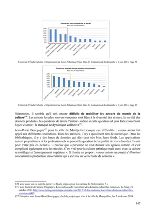 Extrait de l’Étude Deloitte « Département de Loire-Atlantique Open Data 44 évaluation de la démarche » 6 juin 2014, page 38
Extrait de l’Étude Deloitte « Département de Loire-Atlantique Open Data 44 évaluation de la démarche » 6 juin 2014, page 49
Néanmoins, il semble qu'il soit encore difficile de mobiliser les acteurs du monde de la
culture670
. Les raisons les plus souvent évoquées sont liées à la diversité des acteurs, la variété des
données produites, les questions de droits d'auteur - même si cette question est plus forte concernant
l'open content - le manque de dynamique collective671
.
Jean-Marie Bourgogne672
pour la ville de Montpellier évoque ces difficultés : « nous avons fait
appel aux différentes institutions. Dans les archives, il n'y a quasiment rien de numérique. Dans les
bibliothèques, il y a des bases de données qui décrivent très bien leurs fonds. Les applications
restent propriétaires et les professionnels se posent la question de la qualité de leurs données. Ils ont
peur d'être pris en défaut ». Il précise que « personne ne veut donner son agenda culturel et c'est
compliqué également avec les musées. C'est vrai pour la culture artistique mais aussi avec la culture
scientifique et l'enseignement supérieur ». Il illustre ce propos : « nous avions un projet d'Alembert
concernant la production universitaire qui a été mis en veille faute de contenu ».
670 Voir aussi sur ce sujet la partie 3 « Quels enjeux pour les métiers de l'information ? »
671 Voir l'article de Simon Chignard « Les coulisses de l'ouverture des données culturelles rennaises, Le Mag, 21
octobre 2013 http://www.lemag-numerique-rennais.com/2013/10/les-coulisses-louverture-donnees-culturelles-
rennaises-4460
672 Entretien avec Jean-Marie Bourgogne, chef de projet open data à la ville de Montpellier, les 3 et 4 mars 2014
147
 