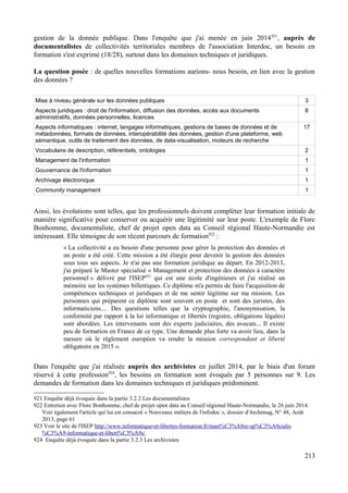 gestion de la donnée publique. Dans l'enquête que j'ai menée en juin 2014921
, auprès de
documentalistes de collectivités territoriales membres de l'association Interdoc, un besoin en
formation s'est exprimé (18/28), surtout dans les domaines techniques et juridiques.
La question posée : de quelles nouvelles formations aurions- nous besoin, en lien avec la gestion
des données ?
Mise à niveau générale sur les données publiques 3
Aspects juridiques : droit de l'information, diffusion des données, accès aux documents
administratifs, données personnelles, licences
8
Aspects informatiques : internet, langages informatiques, gestions de bases de données et de
métadonnées, formats de données, interopérabilité des données, gestion d'une plateforme, web
sémantique, outils de traitement des données, de data-visualisation, moteurs de recherche
17
Vocabulaire de description, référentiels, ontologies 2
Management de l'information 1
Gouvernance de l'information 1
Archivage électronique 1
Community management 1
Ainsi, les évolutions sont telles, que les professionnels doivent compléter leur formation initiale de
manière significative pour conserver ou acquérir une légitimité sur leur poste. L'exemple de Flore
Bonhomme, documentaliste, chef de projet open data au Conseil régional Haute-Normandie est
intéressant. Elle témoigne de son récent parcours de formation922
:
« La collectivité a eu besoin d'une personne pour gérer la protection des données et
un poste a été créé. Cette mission a été élargie pour devenir la gestion des données
sous tous ses aspects. Je n'ai pas une formation juridique au départ. En 2012-2013,
j'ai préparé le Master spécialisé « Management et protection des données à caractère
personnel » délivré par l'ISEP923
qui est une école d'ingénieurs et j'ai réalisé un
mémoire sur les systèmes billettiques. Ce diplôme m'a permis de faire l'acquisition de
compétences techniques et juridiques et de me sentir légitime sur ma mission. Les
personnes qui préparent ce diplôme sont souvent en poste et sont des juristes, des
informaticiens.... Des questions telles que la cryptographie, l'anonymisation, la
conformité par rapport à la loi informatique et libertés (registre, obligations légales)
sont abordées. Les intervenants sont des experts judiciaires, des avocats... Il existe
peu de formation en France de ce type. Une demande plus forte va avoir lieu, dans la
mesure où le règlement européen va rendre la mission correspondant et liberté
obligatoire en 2015 ».
Dans l'enquête que j'ai réalisée auprès des archivistes en juillet 2014, par le biais d'un forum
réservé à cette profession924
, les besoins en formation sont évoqués par 5 personnes sur 9. Les
demandes de formation dans les domaines techniques et juridiques prédominent.
921 Enquête déjà évoquée dans la partie 3.2.2 Les documentalistes
922 Entretien avec Flore Bonhomme, chef de projet open data au Conseil régional Haute-Normandie, le 26 juin 2014.
Voir également l'article qui lui est consacré « Nouveaux métiers de l'infodoc », dossier d'Archimag, N° 48, Août
2013, page 61
923 Voir le site de l'ISEP http://www.informatique-et-libertes-formation.fr/mast%C3%A8re-sp%C3%A9cialis
%C3%A9-informatique-et-libert%C3%A9s/
924 Enquête déjà évoquée dans la partie 3.2.3 Les archivistes
213
 