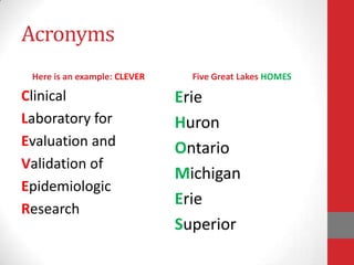 Acronyms
 Here is an example: CLEVER     Five Great Lakes HOMES

Clinical                      Erie
Laboratory for                Huron
Evaluation and                Ontario
Validation of
                              Michigan
Epidemiologic
                              Erie
Research
                              Superior
 
