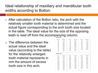 Ideal relationship of maxillary and mandibular tooth
widths according to Bolton:
 The difference between the
actual value and the ideal
value (according to the table)
for the relatively enlarged
tooth material represents in
mm the amount of excess
tooth size in this arch.
 After calculation of the Bolton ratio, the arch with the
relatively smaller tooth material is determined and the
actual figure corresponding to the arch tooth size located
in the table. The ideal value for the size of the opposing
teeth is read off from the accompanying column.
 
