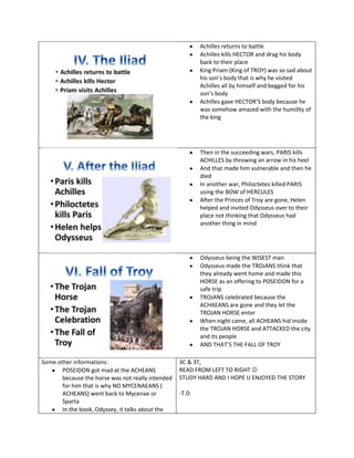 Achilles returns to battle
Achilles kills HECTOR and drag his body
back to their place
King Priam (King of TROY) was so sad about
his son’s body that is why he visited
Achilles all by himself and begged for his
son’s body
Achilles gave HECTOR’S body because he
was somehow amazed with the humility of
the king
Then in the succeeding wars, PARIS kills
ACHILLES by throwing an arrow in his heel
And that made him vulnerable and then he
died
In another war, Philoctetes killed PARIS
using the BOW of HERCULES
After the Princes of Troy are gone, Helen
helped and invited Odysseus over to their
place not thinking that Odysseus had
another thing in mind
Odysseus being the WISEST man
Odysseus made the TROJANS think that
they already went home and made this
HORSE as an offering to POSEIDON for a
safe trip
TROJANS celebrated because the
ACHAEANS are gone and they let the
TROJAN HORSE enter
When night came, all ACHEANS hid inside
the TROJAN HORSE and ATTACKED the city
and its people
AND THAT’S THE FALL OF TROY
Some other informations:
POSEIDON got mad at the ACHEANS
because the horse was not really intended
for him that is why NO MYCENAEANS (
ACHEANS) went back to Mycenae or
Sparta
In the book, Odyssey, it talks about the
3C & 3T,
READ FROM LEFT TO RIGHT 
STUDY HARD AND I HOPE U ENJOYED THE STORY
-T.D
 