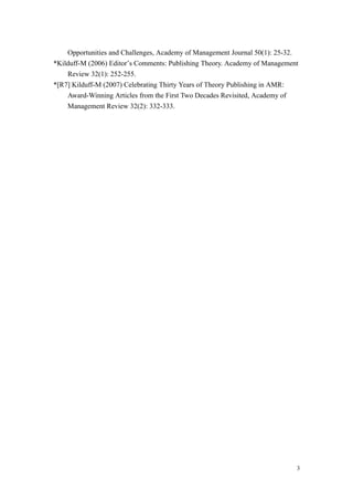 Opportunities and Challenges, Academy of Management Journal 50(1): 25-32.
*Kilduff-M (2006) Editor’s Comments: Publishing Theory. Academy of Management
    Review 32(1): 252-255.
*[R7] Kilduff-M (2007) Celebrating Thirty Years of Theory Publishing in AMR:
    Award-Winning Articles from the First Two Decades Revisited, Academy of
    Management Review 32(2): 332-333.




                                                                            3
 