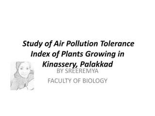 Study of Air Pollution Tolerance
Index of Plants Growing in
Kinassery, Palakkad
BY SREEREMYA
FACULTY OF BIOLOGY
 