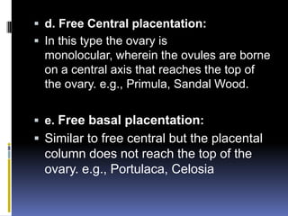  d. Free Central placentation:
 In this type the ovary is
  monolocular, wherein the ovules are borne
  on a central axis that reaches the top of
  the ovary. e.g., Primula, Sandal Wood.


 e. Free basal placentation:
 Similar to free central but the placental
  column does not reach the top of the
  ovary. e.g., Portulaca, Celosia
 