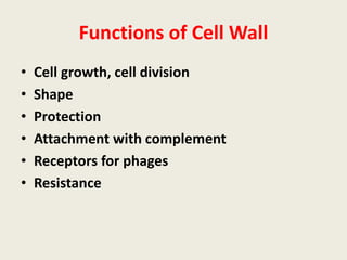 Functions of Cell Wall
• Cell growth, cell division
• Shape
• Protection
• Attachment with complement
• Receptors for phages
• Resistance
 