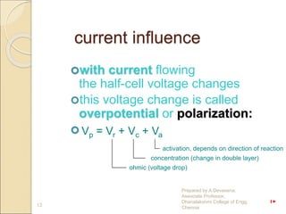 current influence
with current flowing
the half-cell voltage changes
this voltage change is called
overpotential or polarization:

13
Vp = Vr + Vc + Va
activation, depends on direction of reaction
concentration (change in double layer)
ohmic (voltage drop)
Prepared by A.Devasena,
Associate Professor,
Dhanalakshmi College of Engg.
Chennai
 