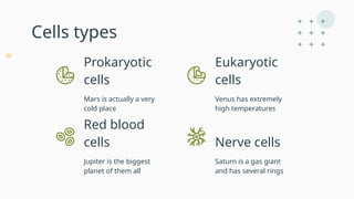 Cells types
Mars is actually a very
cold place
Venus has extremely
high temperatures
Jupiter is the biggest
planet of them all
Saturn is a gas giant
and has several rings
Prokaryotic
cells
Red blood
cells
Eukaryotic
cells
Nerve cells
 