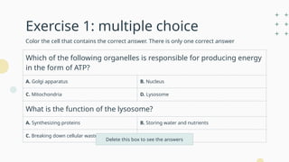Exercise 1: multiple choice
Which of the following organelles is responsible for producing energy
in the form of ATP?
A. Golgi apparatus B. Nucleus
C. Mitochondria D. Lysosome
What is the function of the lysosome?
A. Synthesizing proteins B. Storing water and nutrients
C. Breaking down cellular waste D. Producing ATP
Color the cell that contains the correct answer. There is only one correct answer
1. C / 2. C
Delete this box to see the answers
 