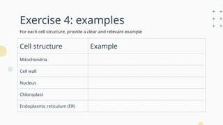 Exercise 4: examples
For each cell structure, provide a clear and relevant example
Cell structure Example
Mitochondria
Cell wall
Nucleus
Chloroplast
Endoplasmic reticulum (ER)
 