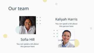 Kaliyah Harris
Sofia Hill
Our team
You can speak a bit about
this person here
You can speak a bit about
this person here
 