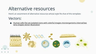 Here’s an assortment of alternative resources whose style fits that of this template:
Vectors:
● Human cells flat set isolated icons with colorful images microorganisms internal bac
teria shapes vector illustration
Alternative resources
 