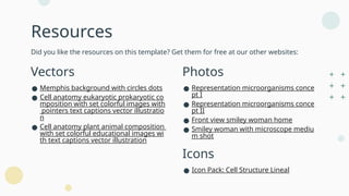 Did you like the resources on this template? Get them for free at our other websites:
Resources
Vectors
● Memphis background with circles dots
● Cell anatomy eukaryotic prokaryotic co
mposition with set colorful images with
pointers text captions vector illustratio
n
● Cell anatomy plant animal composition
with set colorful educational images wi
th text captions vector illustration
Photos
● Representation microorganisms conce
pt I
● Representation microorganisms conce
pt II
● Front view smiley woman home
● Smiley woman with microscope mediu
m shot
Icons
● Icon Pack: Cell Structure Lineal
 
