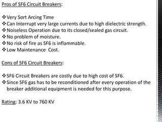 Pros of SF6 Circuit Breakers:
Very Sort Arcing Time
Can Interrupt very large currents due to high dielectric strength.
Noiseless Operation due to its closed/sealed gas circuit.
No problem of moisture.
No risk of fire as SF6 is inflammable.
Low Maintenance Cost.
Cons of SF6 Circuit Breakers:
SF6 Circuit Breakers are costly due to high cost of SF6.
Since SF6 gas has to be reconditioned after every operation of the
breaker additional equipment is needed for this purpose.
Rating: 3.6 KV to 760 KV
 