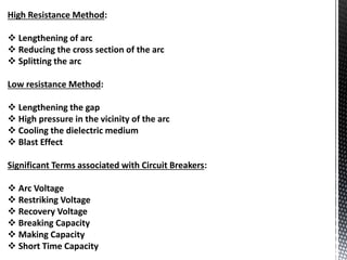High Resistance Method:
 Lengthening of arc
 Reducing the cross section of the arc
 Splitting the arc
Low resistance Method:
 Lengthening the gap
 High pressure in the vicinity of the arc
 Cooling the dielectric medium
 Blast Effect
Significant Terms associated with Circuit Breakers:
 Arc Voltage
 Restriking Voltage
 Recovery Voltage
 Breaking Capacity
 Making Capacity
 Short Time Capacity
 
