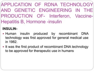 APPLICATION OF RDNA TECHNOLOGY
AND GENETIC ENGINEERING IN THE
PRODUCTION OF- Interferon, Vaccine-
Hepatitis B, Hormone -insulin
INSULIN-
 Human insulin produced by recombinant DNA
technology was first approved for general medical use
in 1982.
 It was the first product of recombinant DNA technology
to be approved for therapeutic use in humans
 