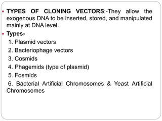  TYPES OF CLONING VECTORS:-They allow the
exogenous DNA to be inserted, stored, and manipulated
mainly at DNA level.
 Types-
1. Plasmid vectors
2. Bacteriophage vectors
3. Cosmids
4. Phagemids (type of plasmid)
5. Fosmids
6. Bacterial Artificial Chromosomes & Yeast Artificial
Chromosomes
 