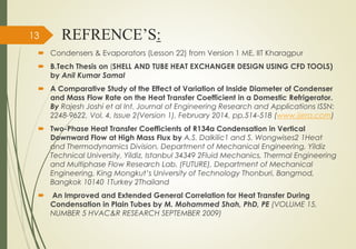REFRENCE’S:
 Condensers & Evaporators (Lesson 22) from Version 1 ME, IIT Kharagpur
 B.Tech Thesis on (SHELL AND TUBE HEAT EXCHANGER DESIGN USING CFD TOOLS)
by Anil Kumar Samal
 A Comparative Study of the Effect of Variation of Inside Diameter of Condenser
and Mass Flow Rate on the Heat Transfer Coefficient in a Domestic Refrigerator.
By Rajesh Joshi et al Int. Journal of Engineering Research and Applications ISSN:
2248-9622, Vol. 4, Issue 2(Version 1), February 2014, pp.514-518 (www.ijera.com)
 Two-Phase Heat Transfer Coefficients of R134a Condensation in Vertical
Downward Flow at High Mass Flux by A.S. Dalkilic1 and S. Wongwises2 1Heat
and Thermodynamics Division, Department of Mechanical Engineering, Yildiz
Technical University, Yildiz, Istanbul 34349 2Fluid Mechanics, Thermal Engineering
and Multiphase Flow Research Lab. (FUTURE), Department of Mechanical
Engineering, King Mongkut’s University of Technology Thonburi, Bangmod,
Bangkok 10140 1Turkey 2Thailand
 An Improved and Extended General Correlation for Heat Transfer During
Condensation in Plain Tubes by M. Mohammed Shah, PhD, PE (VOLUME 15,
NUMBER 5 HVAC&R RESEARCH SEPTEMBER 2009)
13
 