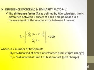  DIFFERENCE FACTOR (f1) & SIMILARITY FACTOR(f2)
 The difference factor (f1) as defined by FDA calculates the %
difference between 2 curves at each time point and is a
measurement of the relative error between 2 curves.
× 100
where, n = number of time points
Rt = % dissolved at time t of reference product (pre change)
Tt = % dissolved at time t of test product (postchange)


30
/7


 
  
  
n
Rt  Tt
R t
f1 =   t  1  n

t  1
 