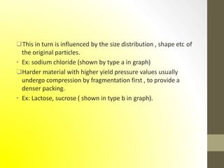 This in turn is influenced by the size distribution , shape etc of
the original particles.
• Ex: sodium chloride (shown by type a in graph)
Harder material with higher yield pressure values usually
undergo compression by fragmentation first , to provide a
denser packing.
• Ex: Lactose, sucrose ( shown in type b in graph).
 
