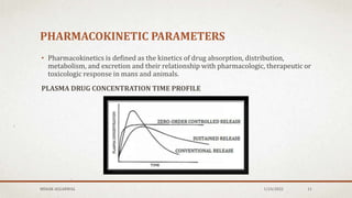 PHARMACOKINETIC PARAMETERS
• Pharmacokinetics is defined as the kinetics of drug absorption, distribution,
metabolism, and excretion and their relationship with pharmacologic, therapeutic or
toxicologic response in mans and animals.
PLASMA DRUG CONCENTRATION TIME PROFILE
MEHAK AGGARWAL 1/24/2022 11
 
