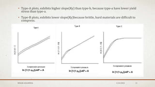 • Type-A plots, exhibits higher slope(Ky) than type-b, because type-a have lower yield
stress than type-a.
• Type-B plots, exhibits lower slope(Ky)because brittle, hard materials are difficult to
compress.
MEHAK AGGARWAL 1/24/2022 21
 
