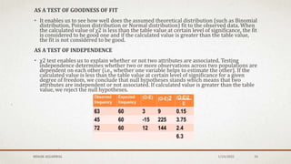AS A TEST OF GOODNESS OF FIT
• It enables us to see how well does the assumed theoretical distribution (such as Binomial
distribution, Poisson distribution or Normal distribution) fit to the observed data. When
the calculated value of χ2 is less than the table value at certain level of significance, the fit
is considered to be good one and if the calculated value is greater than the table value,
the fit is not considered to be good.
AS A TEST OF INDEPENDENCE
• χ2 test enables us to explain whether or not two attributes are associated. Testing
independence determines whether two or more observations across two populations are
dependent on each other (i.e., whether one variable helps to estimate the other). If the
calculated value is less than the table value at certain level of significance for a given
degree of freedom, we conclude that null hypotheses stands which means that two
attributes are independent or not associated. If calculated value is greater than the table
value, we reject the null hypotheses.
MEHAK AGGARWAL 1/24/2022 34
 