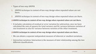 • Types of two-way ANOVA
1. ANOVA technique in context of two-way design when repeated values are not
there.
2. ANOVA technique in context of two-way design when repeated values are there.
ANOVA technique in context of two-way design when repeated values are not there.
• It includes calculation of residual or error variation by subtraction, once we have
calculated the sum of squares for total variance and for variance between varieties of
one treatment as also for variance between varieties of the other treatment.
ANOVA technique in context of two-way design when repeated values are there.
• We can obtain a separate independent measure of inherent or smallest variations.
• Interaction variation: Interaction is the measure of inter relationship among the two
different classifications.
1/24/2022
MEHAK AGGARWAL 49
 