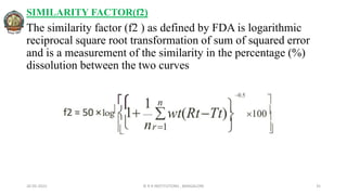 SIMILARITY FACTOR(f2)
The similarity factor (f2 ) as defined by FDA is logarithmic
reciprocal square root transformation of sum of squared error
and is a measurement of the similarity in the percentage (%)
dissolution between the two curves
26-05-2022 © R R INSTITUTIONS , BANGALORE 35
 