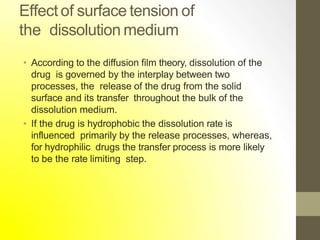 Effect of surface tension of
the dissolution medium
• According to the diffusion film theory, dissolution of the
drug is governed by the interplay between two
processes, the release of the drug from the solid
surface and its transfer throughout the bulk of the
dissolution medium.
• If the drug is hydrophobic the dissolution rate is
influenced primarily by the release processes, whereas,
for hydrophilic drugs the transfer process is more likely
to be the rate limiting step.
 