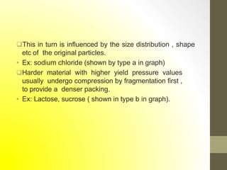 This in turn is influenced by the size distribution , shape
etc of the original particles.
• Ex: sodium chloride (shown by type a in graph)
Harder material with higher yield pressure values
usually undergo compression by fragmentation first ,
to provide a denser packing.
• Ex: Lactose, sucrose ( shown in type b in graph).
 