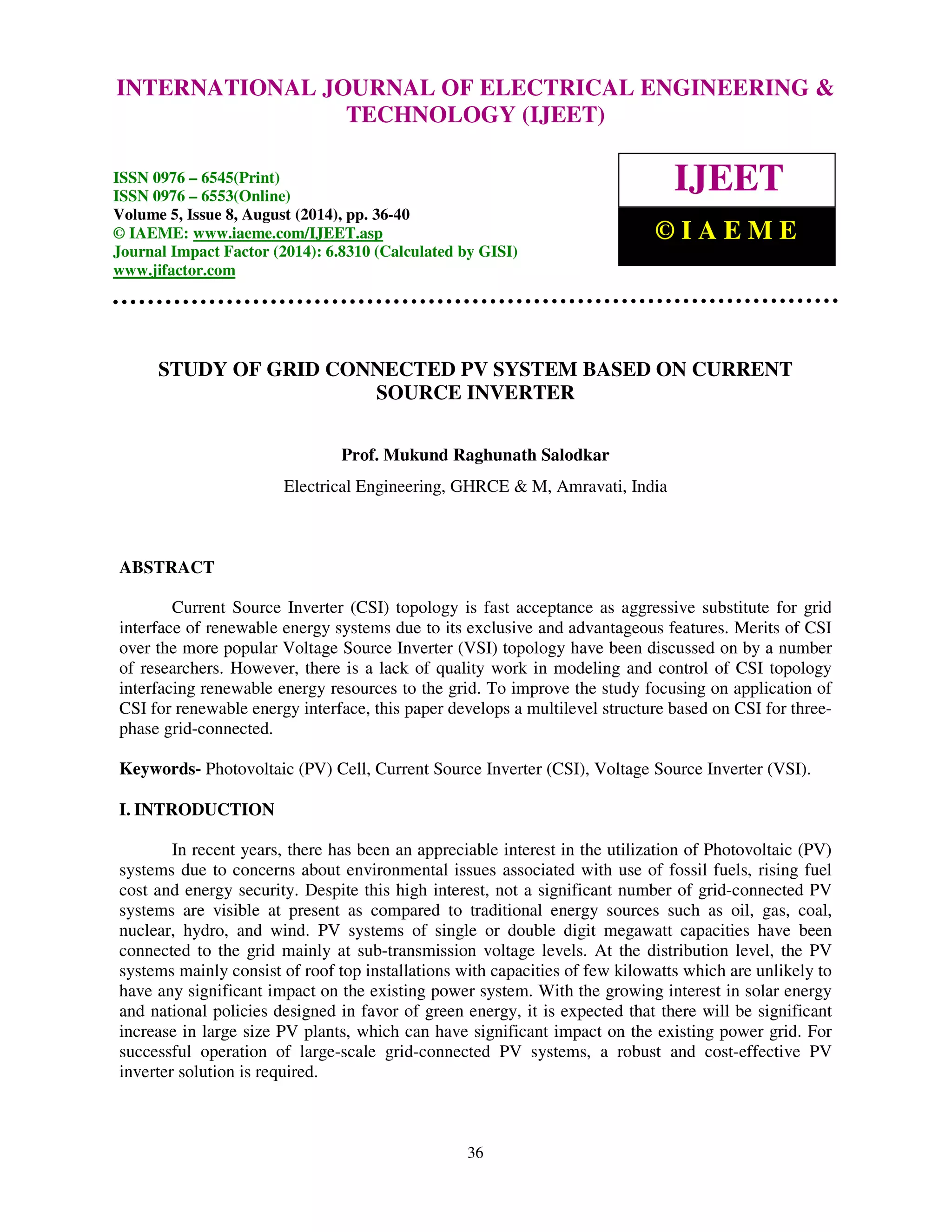 Study of grid connected pv system based on current source inverter | PDF