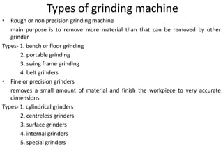 Types of grinding machine
• Rough or non precision grinding machine
main purpose is to remove more material than that can be removed by other
grinder
Types- 1. bench or floor grinding
2. portable grinding
3. swing frame grinding
4. belt grinders
• Fine or precision grinders
removes a small amount of material and finish the workpiece to very accurate
dimensions
Types- 1. cylindrical grinders
2. centreless grinders
3. surface grinders
4. internal grinders
5. special grinders
 