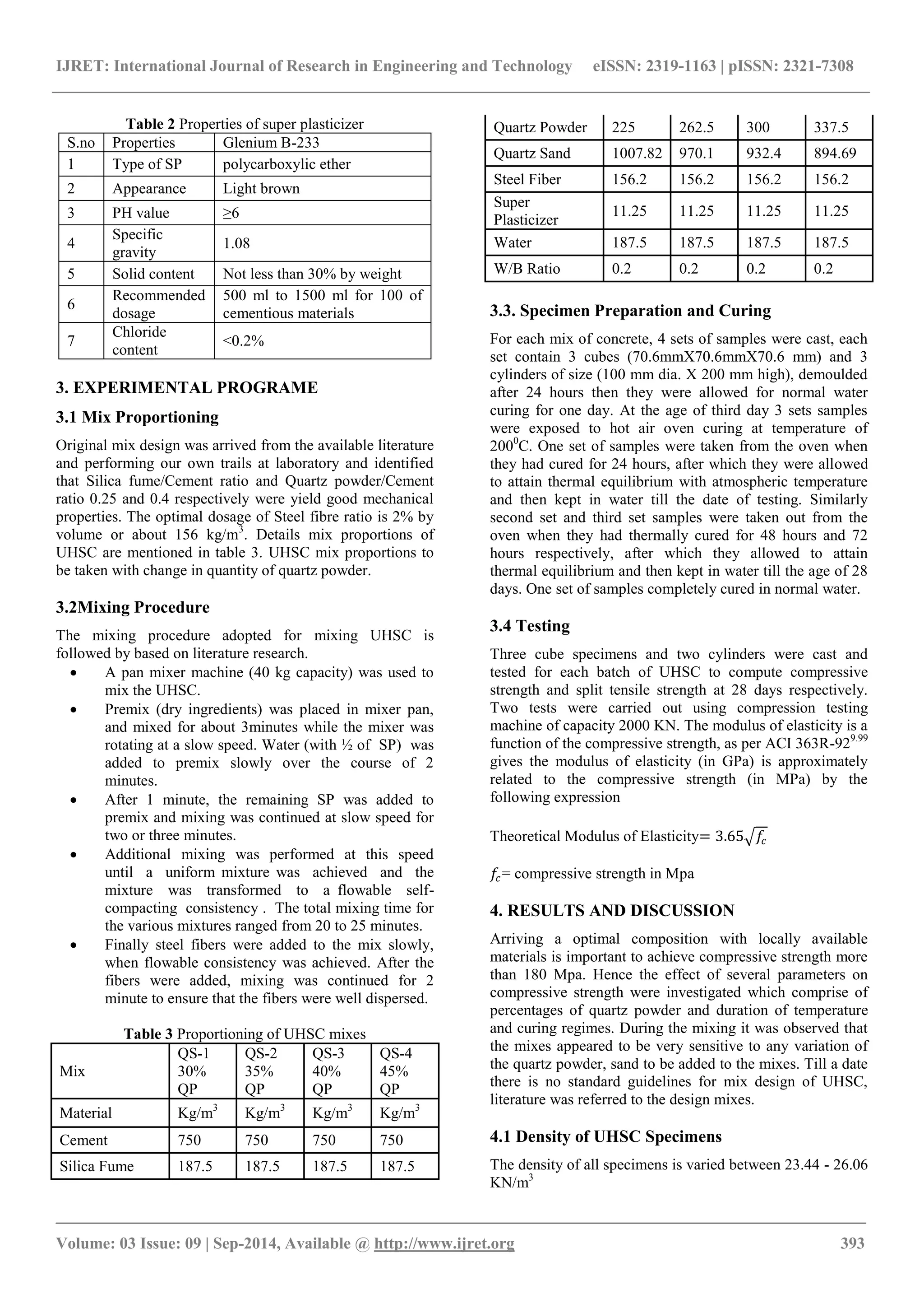 IJRET: International Journal of Research in Engineering and Technology eISSN: 2319-1163 | pISSN: 2321-7308 
_______________________________________________________________________________________ 
Volume: 03 Issue: 09 | Sep-2014, Available @ http://www.ijret.org 393 
Table 2 Properties of super plasticizer 
S.no 
Properties 
Glenium B-233 
1 
Type of SP 
polycarboxylic ether 
2 
Appearance 
Light brown 
3 
PH value 
≥6 
4 
Specific gravity 
1.08 
5 
Solid content 
Not less than 30% by weight 
6 
Recommended dosage 
500 ml to 1500 ml for 100 of cementious materials 
7 
Chloride content 
<0.2% 
3. EXPERIMENTAL PROGRAME 3.1 Mix Proportioning Original mix design was arrived from the available literature and performing our own trails at laboratory and identified that Silica fume/Cement ratio and Quartz powder/Cement ratio 0.25 and 0.4 respectively were yield good mechanical properties. The optimal dosage of Steel fibre ratio is 2% by volume or about 156 kg/m3. Details mix proportions of UHSC are mentioned in table 3. UHSC mix proportions to be taken with change in quantity of quartz powder. 3.2Mixing Procedure The mixing procedure adopted for mixing UHSC is followed by based on literature research. 
 A pan mixer machine (40 kg capacity) was used to mix the UHSC. 
 Premix (dry ingredients) was placed in mixer pan, and mixed for about 3minutes while the mixer was rotating at a slow speed. Water (with ½ of SP) was added to premix slowly over the course of 2 minutes. 
 After 1 minute, the remaining SP was added to premix and mixing was continued at slow speed for two or three minutes. 
 Additional mixing was performed at this speed until a uniform mixture was achieved and the mixture was transformed to a flowable self- compacting consistency . The total mixing time for the various mixtures ranged from 20 to 25 minutes. 
 Finally steel fibers were added to the mix slowly, when flowable consistency was achieved. After the fibers were added, mixing was continued for 2 minute to ensure that the fibers were well dispersed. 
Table 3 Proportioning of UHSC mixes 
Mix 
QS-1 30% QP 
QS-2 35% QP 
QS-3 40% QP 
QS-4 45% QP 
Material 
Kg/m3 
Kg/m3 
Kg/m3 
Kg/m3 
Cement 
750 
750 
750 
750 
Silica Fume 
187.5 
187.5 
187.5 
187.5 
Quartz Powder 
225 
262.5 
300 
337.5 
Quartz Sand 
1007.82 
970.1 
932.4 
894.69 
Steel Fiber 
156.2 
156.2 
156.2 
156.2 
Super Plasticizer 
11.25 
11.25 
11.25 
11.25 
Water 
187.5 
187.5 
187.5 
187.5 
W/B Ratio 
0.2 
0.2 
0.2 
0.2 
3.3. Specimen Preparation and Curing For each mix of concrete, 4 sets of samples were cast, each set contain 3 cubes (70.6mmX70.6mmX70.6 mm) and 3 cylinders of size (100 mm dia. X 200 mm high), demoulded after 24 hours then they were allowed for normal water curing for one day. At the age of third day 3 sets samples were exposed to hot air oven curing at temperature of 2000C. One set of samples were taken from the oven when they had cured for 24 hours, after which they were allowed to attain thermal equilibrium with atmospheric temperature and then kept in water till the date of testing. Similarly second set and third set samples were taken out from the oven when they had thermally cured for 48 hours and 72 hours respectively, after which they allowed to attain thermal equilibrium and then kept in water till the age of 28 days. One set of samples completely cured in normal water. 3.4 Testing Three cube specimens and two cylinders were cast and tested for each batch of UHSC to compute compressive strength and split tensile strength at 28 days respectively. Two tests were carried out using compression testing machine of capacity 2000 KN. The modulus of elasticity is a function of the compressive strength, as per ACI 363R-929.99 gives the modulus of elasticity (in GPa) is approximately related to the compressive strength (in MPa) by the following expression Theoretical Modulus of Elasticity=3.65 푓푐 푓푐= compressive strength in Mpa 4. RESULTS AND DISCUSSION Arriving a optimal composition with locally available materials is important to achieve compressive strength more than 180 Mpa. Hence the effect of several parameters on compressive strength were investigated which comprise of percentages of quartz powder and duration of temperature and curing regimes. During the mixing it was observed that the mixes appeared to be very sensitive to any variation of the quartz powder, sand to be added to the mixes. Till a date there is no standard guidelines for mix design of UHSC, literature was referred to the design mixes. 4.1 Density of UHSC Specimens The density of all specimens is varied between 23.44 - 26.06 KN/m3  