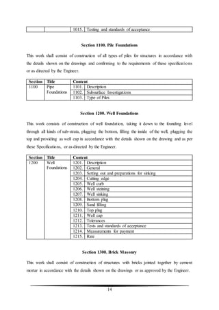 14
1015. Testing and standards of acceptance
Section 1100. Pile Foundations
This work shall consist of construction of all types of piles for structures in accordance with
the details shown on the drawings and confirming to the requirements of these specifications
or as directed by the Engineer.
Section Title Content
1100 Pipe
Foundations
1101. Description
1102. Subsurface Investigations
1103. Type of Piles
Section 1200. Well Foundations
This work consists of construction of well foundation, taking it down to the founding level
through all kinds of sub-strata, plugging the bottom, filling the inside of the well, plugging the
top and providing as well cap in accordance with the details shown on the drawing and as per
these Specifications, or as directed by the Engineer.
Section Title Content
1200 Well
Foundations
1201. Description
1202. General
1203. Setting out and preparations for sinking
1204. Cutting edge
1205. Well curb
1206. Well steining
1207. Well sinking
1208. Bottom plug
1209. Sand filling
1210. Top plug
1211. Well cap
1212. Tolerances
1213. Tests and standards of acceptance
1214. Measurements for payment
1215. Rate
Section 1300. Brick Masonry
This work shall consist of construction of structures with bricks jointed together by cement
mortar in accordance with the details shown on the drawings or as approved by the Engineer.
 