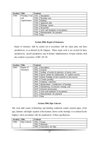 25
Section Title Content
2700 Wearing Coat
and
Appurtenance
2701. Description
2702. Wearing coat
2703. Railings
2704. Approach slab
2705. Drainage spouts
2706. Weep hole
2707. Tests and standards of acceptance
2708. Measurements for payment
2709. Rate
Section 2800. Repair of Structures
Repair of structures shall be carried out in accordance with the repair plans and these
specifications or as directed by the Engineer. Where repair work is not covered by these
specifications, special specification may be framed. Implementation of repair schemes shall
also conform to provision of IRC: SP: 40.
Section Title Content
2800 Repair of
Structures
2801. Description
2802. General
2803. Sealing of cracks by injection of epoxy resin
2804. Epoxy mortar for replacement of spalled concrete
2805. Epoxy bonding of new concrete to old concrete
2806. Cement grouting
2807. Guniting / shotcrete
2808. Replacement / rectification of bearings
2809. Dismantling of concrete wearing coat
2810. External prestressing
2811. Tests and standards of acceptance
2812. Measurements for payment
2813. Rate
Section 2900. Pipe Culverts
This work shall consist of furnishing and installing reinforced cement concrete pipes, of the
type, diameter and length required at the locations shown on the drawings or as ordered by the
Engineer and in accordance with the requirements of these specifications.
Section Title Content
2900 Pipe Culverts 2901. Scope
2902. Materials
2903. Excavation for Pipe
 