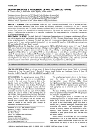 Jebmh.com Original Article
J of Evidence Based Med & Hlthcare, pISSN- 2349-2562, eISSN- 2349-2570/ Vol. 2/Issue 46/Nov. 09, 2015 Page 8229
STUDY OF INCIDENCE & MANAGEMENT OF PARA PHARYNGEAL TUMORS
A. S. Aruna Kumari1, G. Sreekanth2, Juveria Majeed3, Naveed Ahmed4
1Assistant Professor, Department of ENT, Gandhi Medical College, Secunderabad.
2Assistant Professor, Department of ENT, Gandhi Medical College, Secunderabad.
3Senior Resident, Department of ENT, Gandhi Medical College, Secunderabad.
4Professor & HOD, Department of ENT, Gandhi Medical College, Secunderabad.
ABSTRACT: INTRODUCTION: Parapharyngeal tumors are rare, comprising approximately 0.5% of all head and neck
tumours. Most of them are benign. These tumors present with difficulties in diagnosis - complementary MRI and CT scanning
are necessary for diagnosis, and Fine Needle Aspiration Cytology (FNAC) is very specific in the histological diagnosis of these
tumours. Open biopsy is not advisable due to bleeding, breaching of the capsule and seeding of the tumor. These tumors
presents a challenge to the surgeon due to its anatomical complexities. This study deals with the incidence and management
of various parapharyngeal tumors.
OBJECTIVE OF THE STUDY: This study deals with the incidence of various tumors in the parapharyngeal space in different
age and sex groups, role of sophisticated diagnostic modalities like CT, MRI, MR Angio. Colour Doppler along with FNAC and
various surgical approaches to this space. This study also deals with intra-operative and post operative complications. In this
series, a total of 25 cases has been studied retrospectively in a time period of 2 years from 2012 to 2014, presenting in our
ENT and Head and Neck Dept., Gandhi hospital.
RESULTS: According to this study, there is male preponderance (52%) and highest incidence is seen in 3rd
and 5th
decade
(24% each). Most common presenting symptoms are difficulty in swallowing (36%) and swelling either intraoral or in the neck
(28%). Least common symptoms being cranial nerve palsy (4%), difficulty in breathing/noisy breathing (4%), nasal
regurgitation (4%) and hard of hearing (8%). FNAC was done in 21 cases, in which 13 were correlating with the biopsy
report. CT scan was required in all cases. MR Angiography was done in 4 cases and colour Doppler in 2 cases. Surgery is the
mainstay of the treatment. Most common tumor in PPS is neurogenic (schwannoma/neurofibroma).i.e 44%. Next commonly
occurring tumor in our study is of salivary origin-pleomorphic adenoma (24%), paragangliomas (12%). Other less commonly
seen tumors are AV malformation, epidermal cyst, rhabdomyosarcoma, mucoepidermoid ca., fibroangioma.
HOW TO CITE THIS ARTICLE: A. S. Aruna Kumari, G. Sreekanth, Juveria Majeed, Naveed Ahmed. “Study of Incidence &
Management of Para Pharyngeal Tumors”. Journal of Evidence based Medicine and Healthcare; Volume 2, Issue 46,
November 09, 2015; Page: 8229-8235, DOI: 10.18410/jebmh/2015/1110
INTRODUCTION: The parapharyngeal space (PPS) is
defined as the deep space that forms an inverted triangular
pyramid in the neck where the posterior belly of the
digastric muscle and hyoid bone forms the apex of the
pyramid, and the temporal bone, its base. Anteriorly, the
space is bounded by the pterygoid muscles with their
interpterygoid fascia and those fasciae directed laterally
towards the buccinator muscle and angle of the mandible.
Laterally, the space is limited by the ascending ramus of
the mandible, while posterolaterally the deep lobe of the
parotid gland and retromandibular fossa can be identified.
Medially, there is the pharynx with the tonsillar fossa
inferiorly and eustachian tube superiorly. The posterior
border is limited by the cervical spine covered by
prevertebral muscles and fascia.1,2,3
The parapharyngeal space is known in the literature
under the names of pterygomaxillary space,
pharyngomaxillary space (Mosher, 1929),4
lateral
pharyngeal space and pterygopharyngeal space (Coller and
Yglesias, 1935).5
The term 'parapharyngeal space' seems
most appropriate and is commonly used in the current
literature.
The fascia stretching from the styloid process to the
tensor veli palatini muscle divides the PPS into prestyloid
and poststyloid compartments.6,7
The retropharyngeal space is connected with the
parapharyngeal space in an area just medial to the carotid
sheath and its contents. Situated at the junction of these
two spaces is the superior lateral lymph node (node of
Rouvière, 1927)8
normally draining the nasopharynx, upper
oropharynx and sinuses. The retropharyngeal space
provides a pathway towards the mediastinum (Lincoln's
highway), while anteriorly and laterally there are
connections to other spaces located about the oral cavity
and salivary glands.9
Primary tumours of the PPS are very rare, comprising
approximately 0.5% of all head and neck tumours.10,11
They often present asymptomatic growth and can stay
undetected for long periods of time or may be detected as
Submission 20-10-2015, Peer Review 21-10-2015,
Acceptance 23-10-2015, Published 07-11-2015.
Corresponding Author:
A. S. Aruna Kumari,
Flat No. 207, Vaishnavi Laxmi Venkat Villa,
Vegetable Market Road,
Nallakunta, Hyderabad, Telangana.
E-mail: arunaannavaram@gmail.com
DOI: 10.18410/jebmh/2015/1110
KEYWORDS: Parapharyngeal space, Prestyloid compartment, Post styloid compartment, Transcervical approach, Transparotid approach.
 