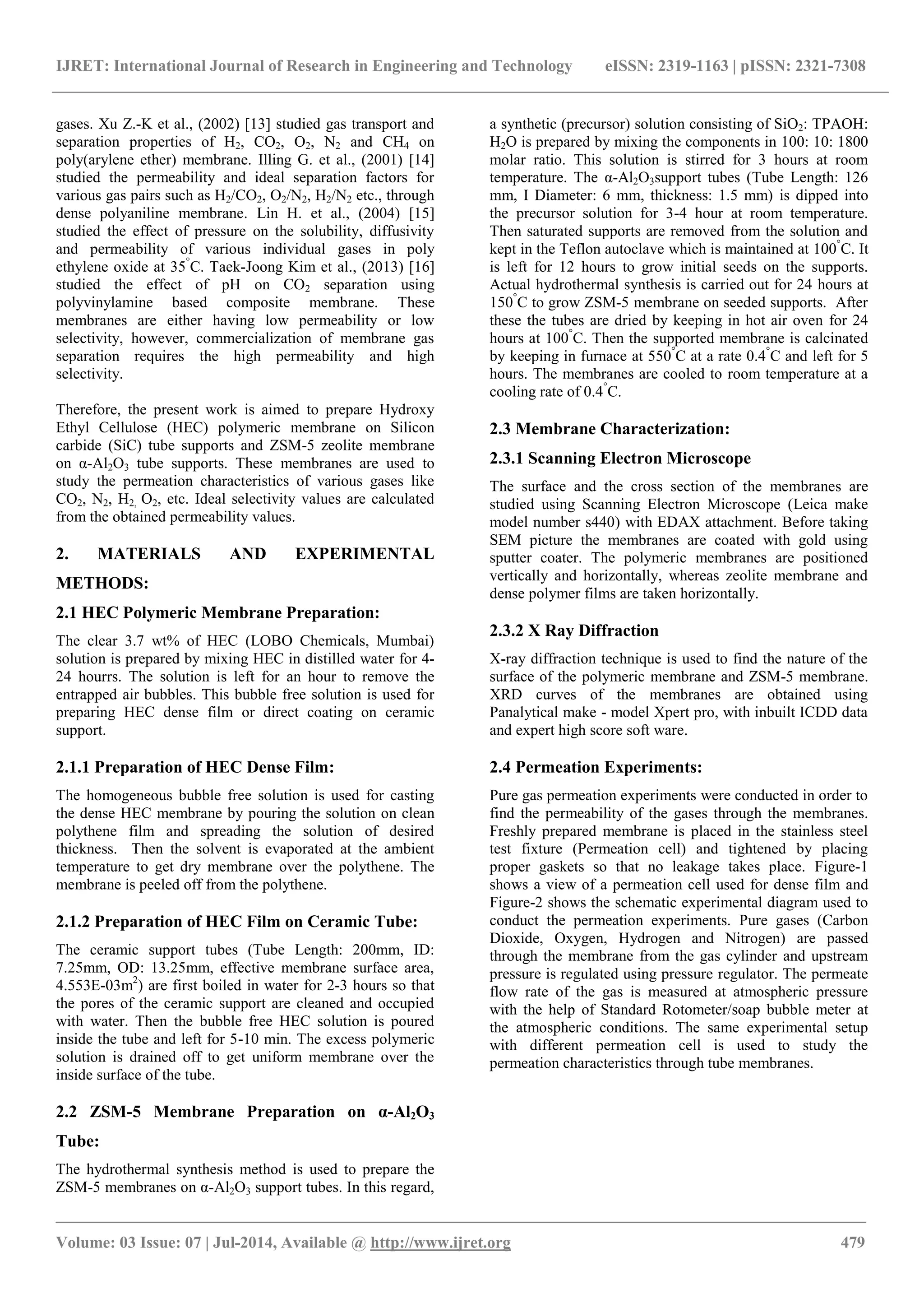 Study of permeation of gases through ceramic supported polymeric and ...