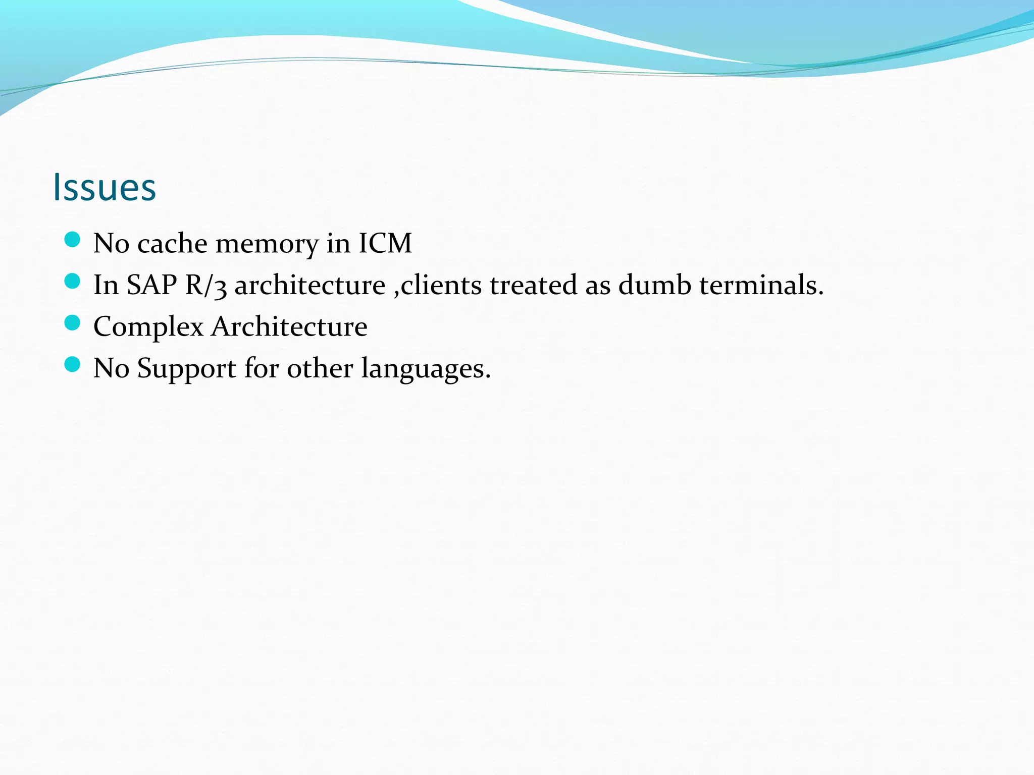 Issues
No cache memory in ICM
In SAP R/3 architecture ,clients treated as dumb terminals.
Complex Architecture
No Support for other languages.
 