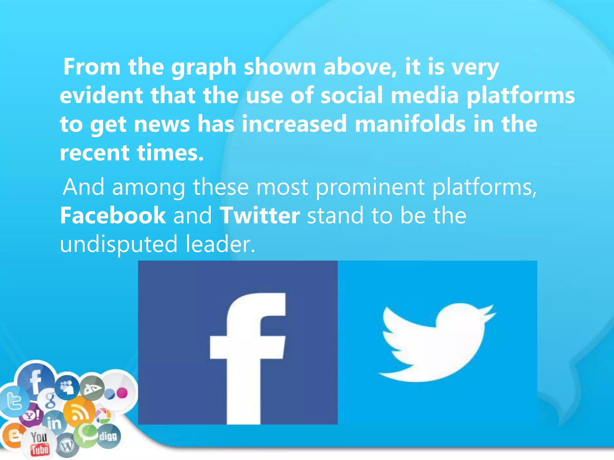 From the graph shown above, it is very
evident that the use of social media platforms
to get news has increased manifolds in the
recent times.
And among these most prominent platforms,
Facebook and Twitter stand to be the
undisputed leader.
 