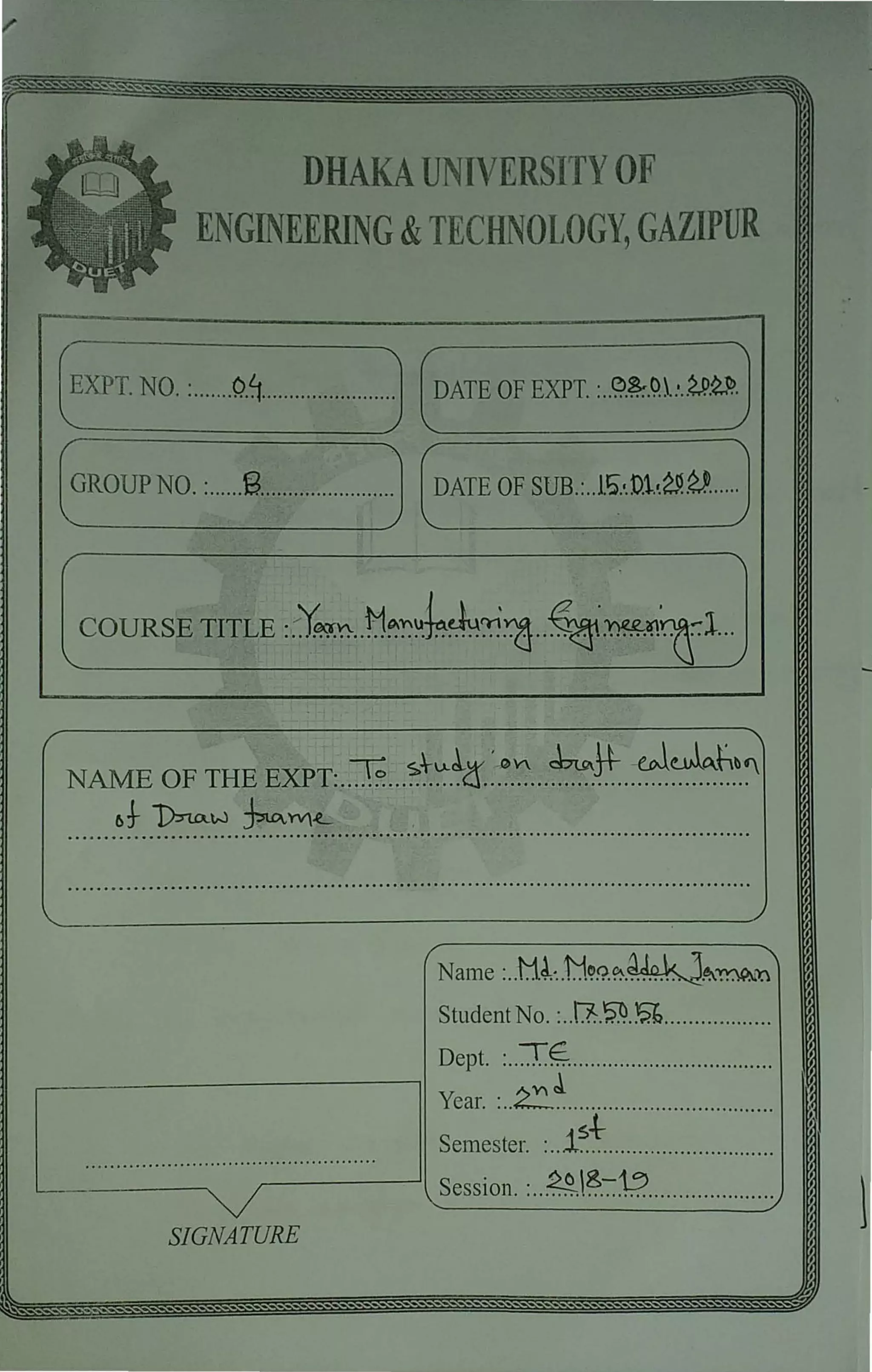 Yarn 2/1 Study on a draft calculation of draw frame PDF