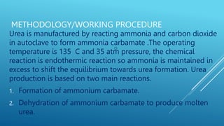 METHODOLOGY/WORKING PROCEDURE
Urea is manufactured by reacting ammonia and carbon dioxide
in autoclave to form ammonia carbamate .The operating
temperature is 135 C and 35 atm pressure, the chemical
reaction is endothermic reaction so ammonia is maintained in
excess to shift the equilibrium towards urea formation. Urea
production is based on two main reactions.
1. Formation of ammonium carbamate.
2. Dehydration of ammonium carbamate to produce molten
urea.
 