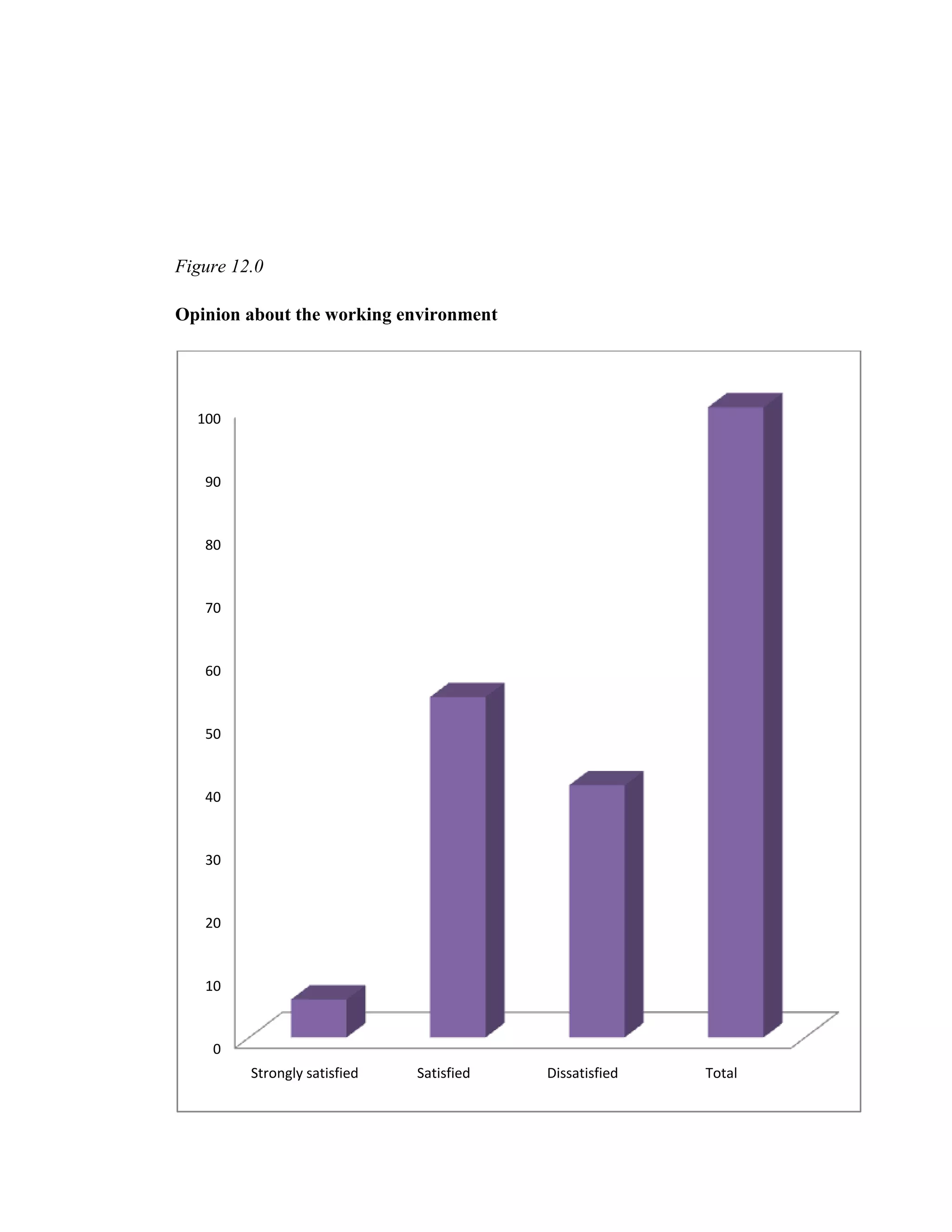 Figure 12.0

Opinion about the working environment




  100



   90



   80



   70



   60



   50



   40



   30



   20



   10



    0
         Strongly satisfied   Satisfied   Dissatisfied   Total
 