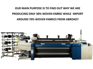 OUR MAIN PURPOSE IS TO FIND OUT WHY WE ARE
PRODUCING ONLY 30% WOVEN FABRIC WHILE IMPORT
AROUND 70% WOVEN FABRICS FROM ABROAD?
 