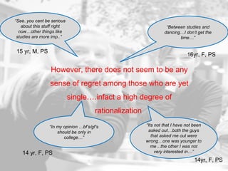 However, there does not seem to be any sense of regret among those who are yet single….infact a high degree of rationalization  “ See..you cant be serious about this stuff right now…other things like studies are more imp..”  “ Its not that I have not been asked out…both the guys that asked me out were wrong…one was younger to me…the other I was not very interested in…” “ Between studies and dancing…I don’t get the time…” “ In my opinion …bf’s/gf’s should be only in college…” 15 yr, M, PS  16yr, F, PS  14 yr, F, PS  14yr, F, PS  