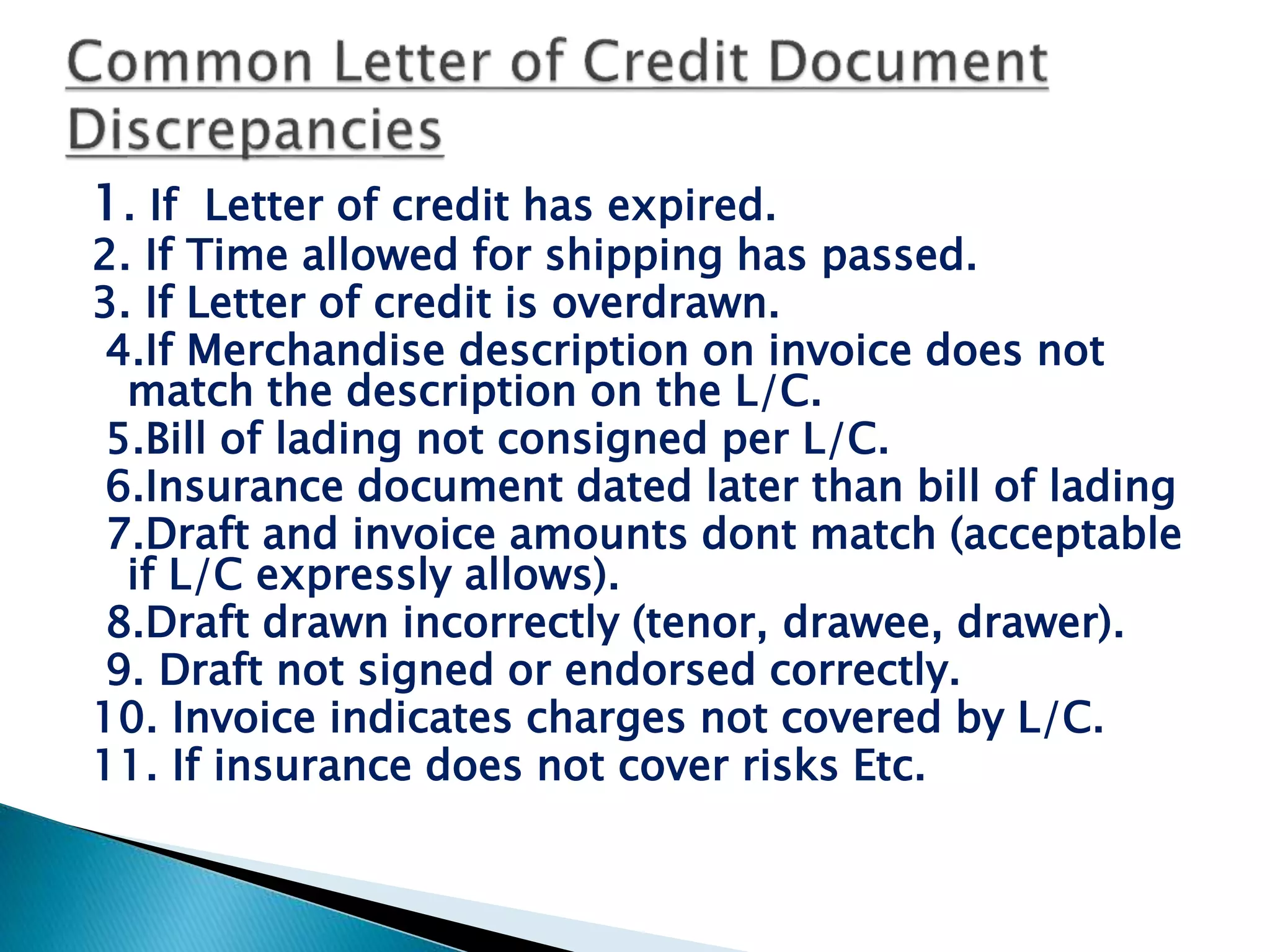 1. If Letter of credit has expired.
2. If Time allowed for shipping has passed.
3. If Letter of credit is overdrawn.
4.If Merchandise description on invoice does not
match the description on the L/C.
5.Bill of lading not consigned per L/C.
6.Insurance document dated later than bill of lading
7.Draft and invoice amounts dont match (acceptable
if L/C expressly allows).
8.Draft drawn incorrectly (tenor, drawee, drawer).
9. Draft not signed or endorsed correctly.
10. Invoice indicates charges not covered by L/C.
11. If insurance does not cover risks Etc.
 